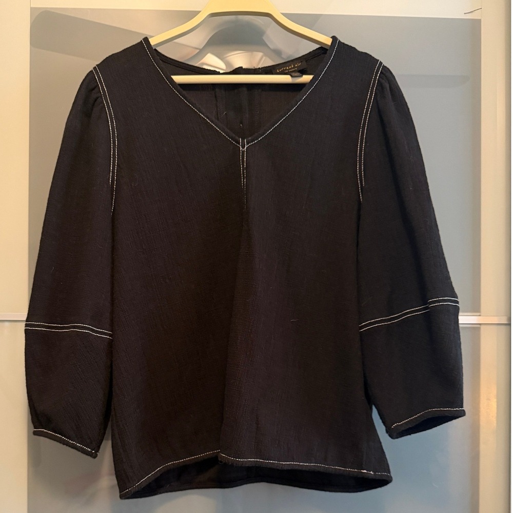 Current Air Los Angeles Black Contrast Stitch V-Neck Puff Sleeve Blouse Small